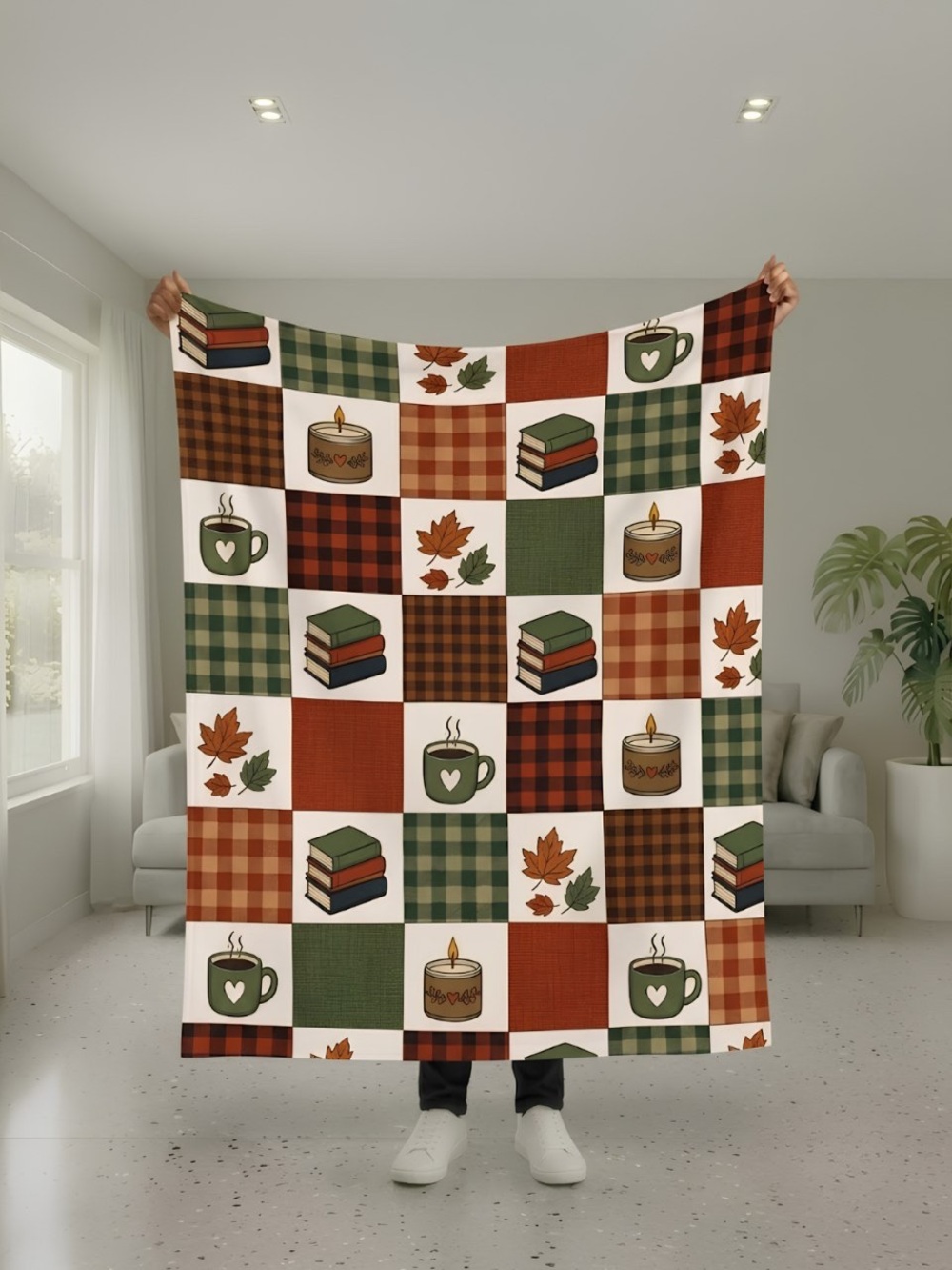 Cozy Autumn Patchwork Blanket - Green & Rust